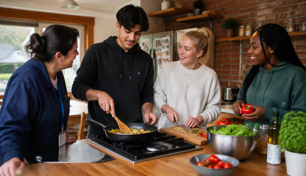 Diverse jongeren koken samen met een begeleider in de open keuken