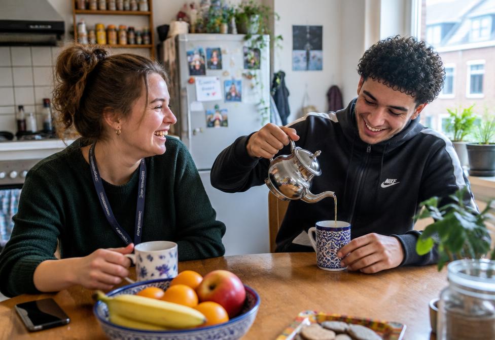 Jongere en begeleider drinken samen thee aan de keukentafel
